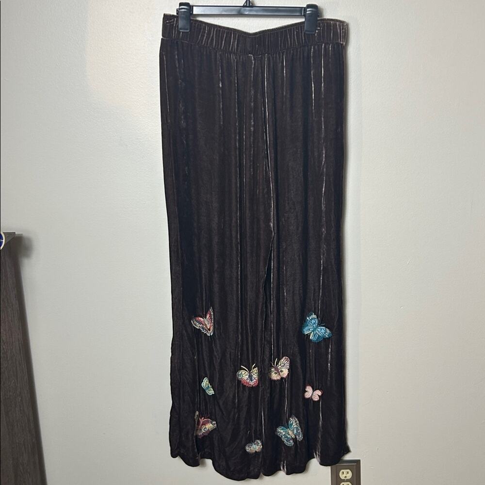NWT Johnny Was Luciana brown velvet butterfly embroidered wide leg pants, XXL - Picture 9 of 11
